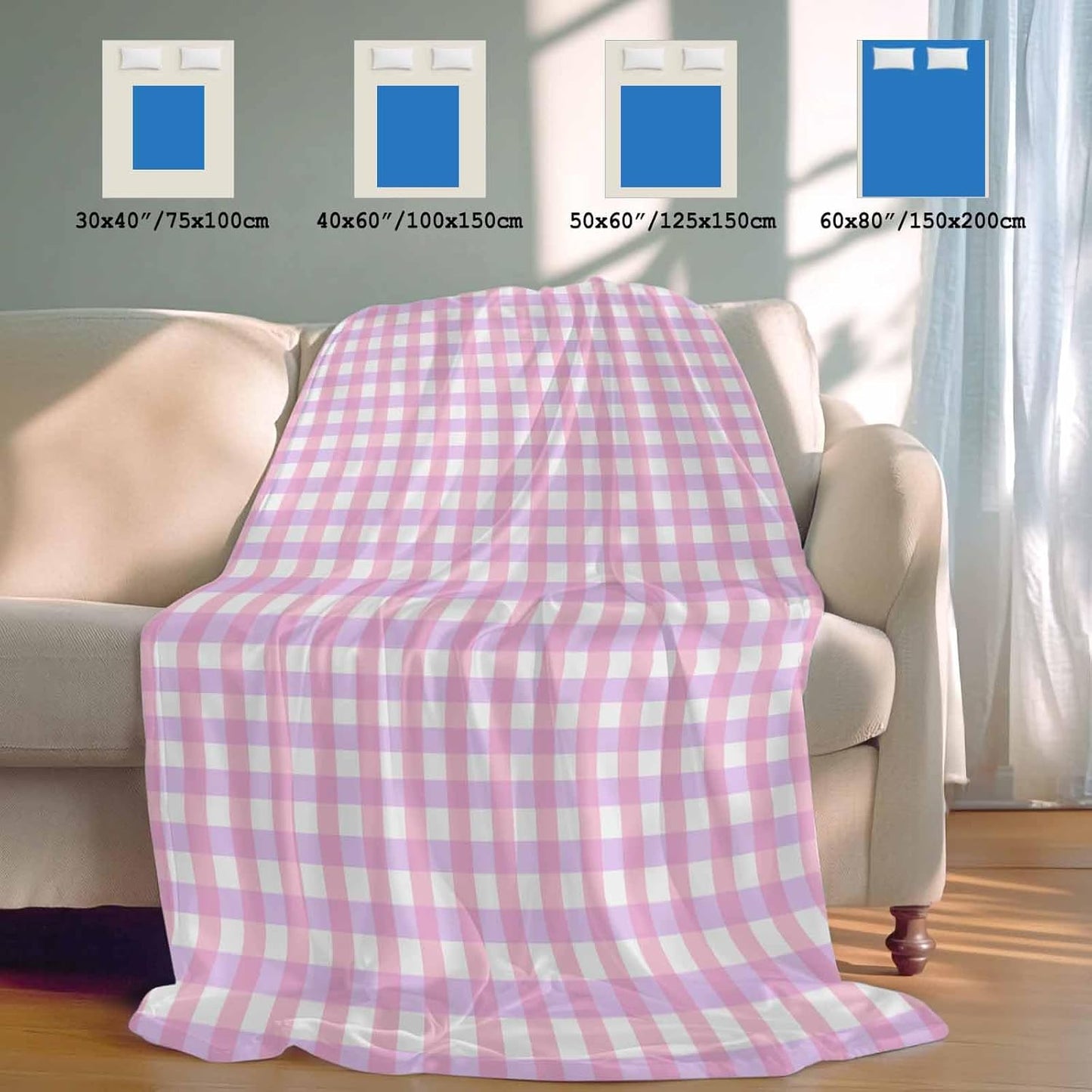 Pink White Gingham Cooling Blanket, Lightweight Breathable Summer Throw Blanket with Double Sided Cold Effect,Minimalism Buffalo Checkered Pattern Picnic Beach Blankets Bed Sheet for Sleepers 30"x40"