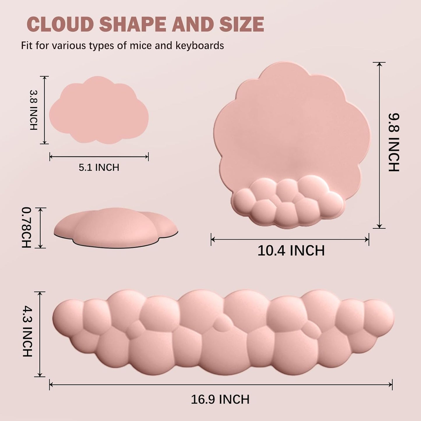 Cloud Keyboard Wrist Rest and Mouse Pad with Wrist Support Set, Ergonomic PU Leather Mouse Pads, Memory Foam Non-Slip Mousepad for Computer,Laptop, Light Pink Cloud