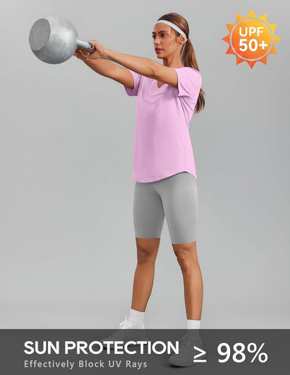 PINSPARK Soft Workout Tops for Women Short Sleeve V Neck Moisture Wicking UPF 50+ Sun Protection Quick Dry Gym Shirts