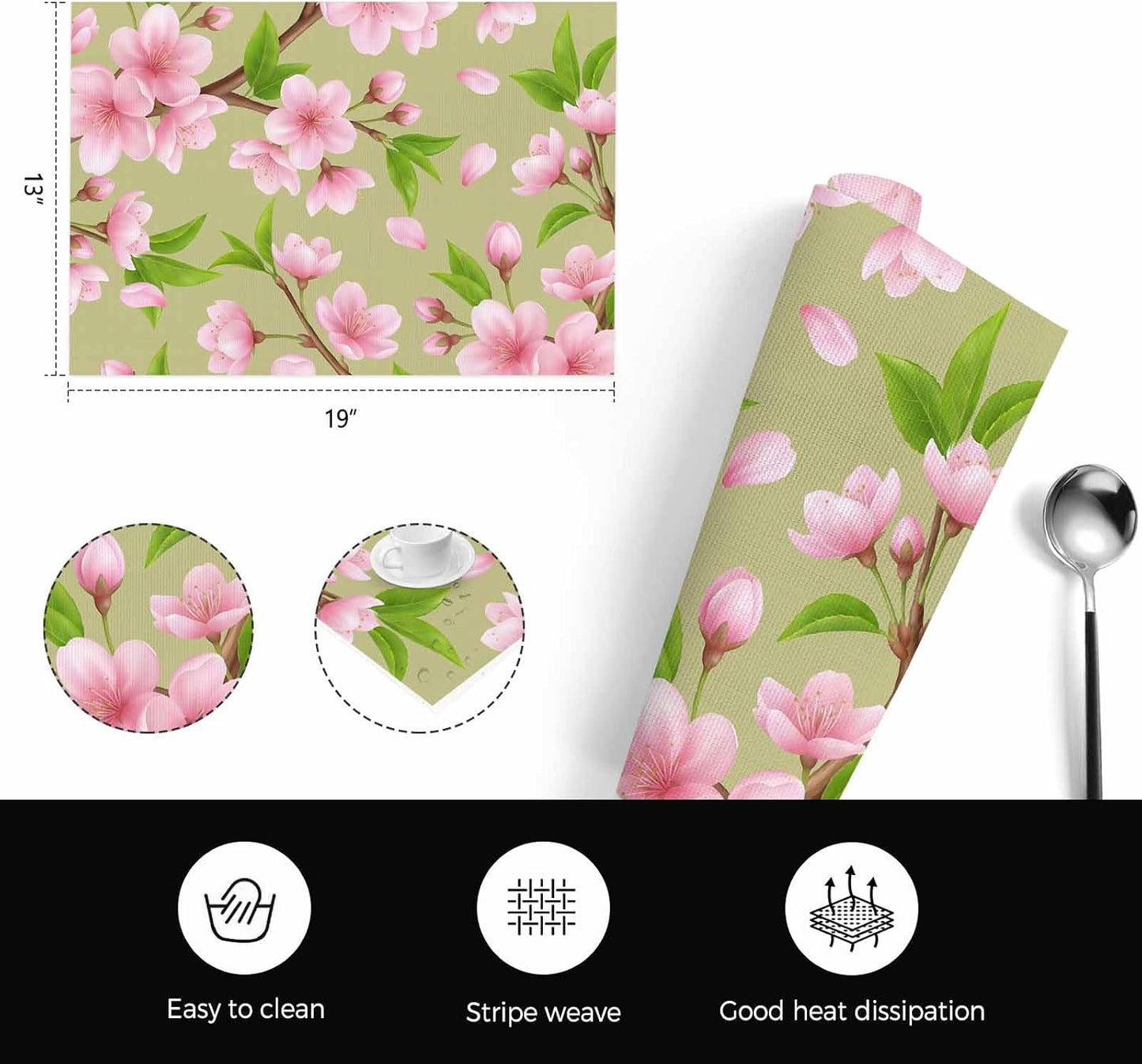 Pink Peach Flowers Placemats Set of 4, Washable PVC Kitchen Table Mats Place Mats, Spring Botanical Watercolor Floral Green Woven Vinyl Placemat for Dining Table, 13" x 19"