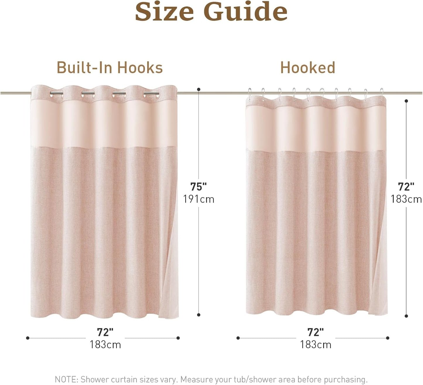 BTTN Pink Ringless Shower Curtain Set, Linen Textured Waterproof Fabric Shower Curtain with Snap in Liner, Machine Washable, Luxury Cute Cloth Shower Curtain for Bathroom with Mesh Top Window, 72x75