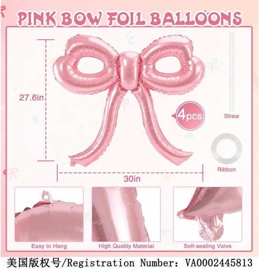 4 Pcs Pink Bow Balloons Bow Party Decorations for Girl Women Pink Bow Birthday Decorations Giant Foil Balloon for Baby Shower Bridal Engagement Wedding Decor Bachelorette Party Supplies