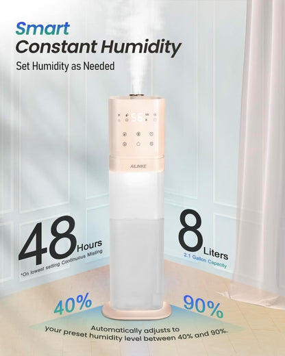 Humidifiers for Bedroom 2.1Gal/8L, Smart Humidifier for Large Room, Cool Mist Humidifiers for Home Kids Baby Plants, Top Fill Humidifier with Extension Tube, WIFI APP & Voice Control, Pink