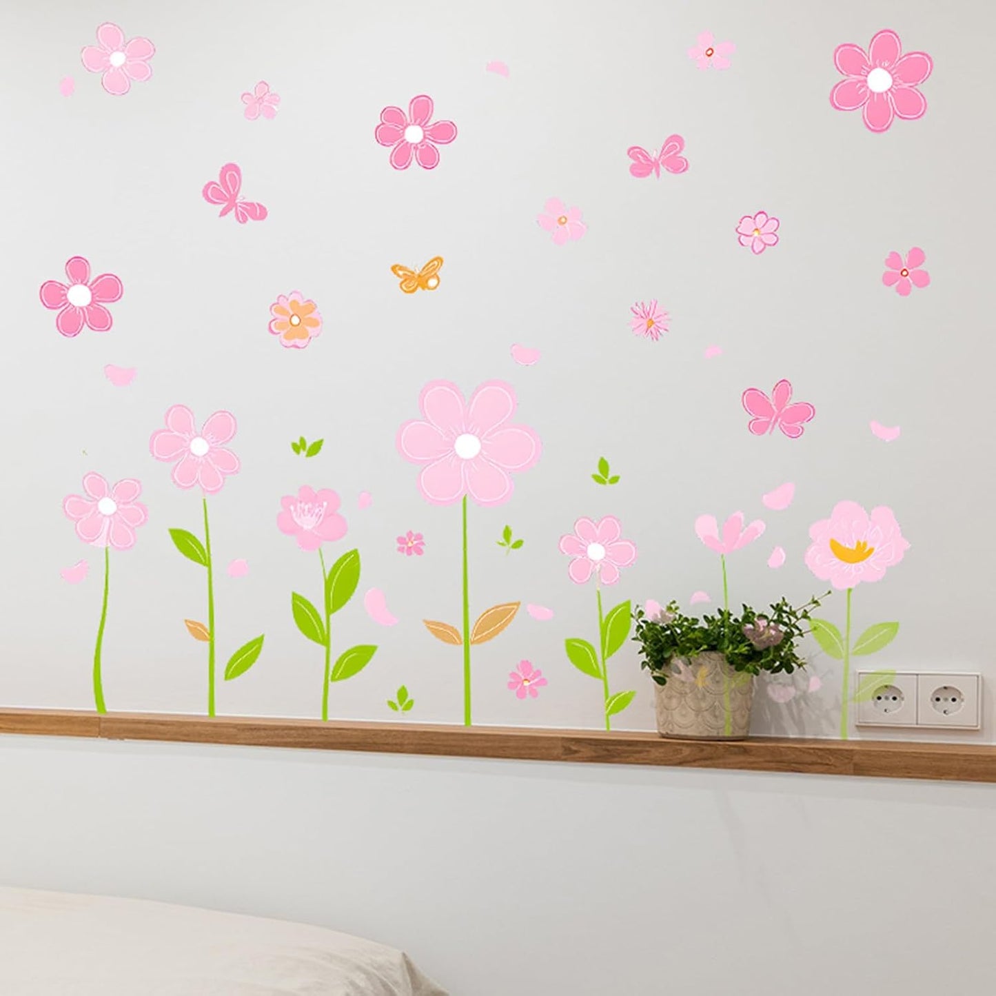 Pink Flower Wall Decals Butterfly Daisy Wall Stickers PVC Floral Decor for Girls Bedroom Living Room Nursery Kids Room