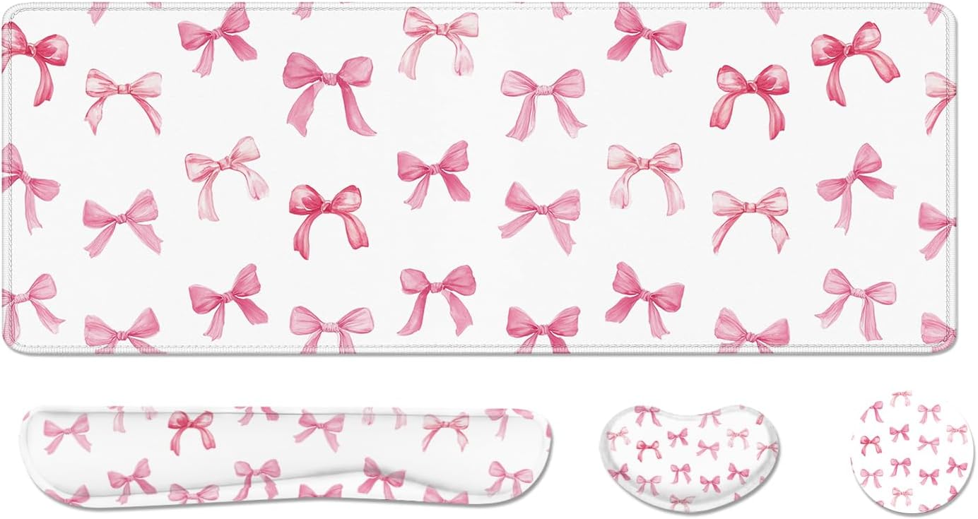 Desk Pad and Keyboard Wrist Rest, Large Mouse Pad + Keyboard Pad+Mouse Wrist Support, Non-Slip Desk Mat Protector for Office, Home 31.5×11.8 Inches Pink Bow