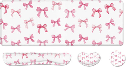 Desk Pad and Keyboard Wrist Rest, Large Mouse Pad + Keyboard Pad+Mouse Wrist Support, Non-Slip Desk Mat Protector for Office, Home 31.5×11.8 Inches Pink Bow