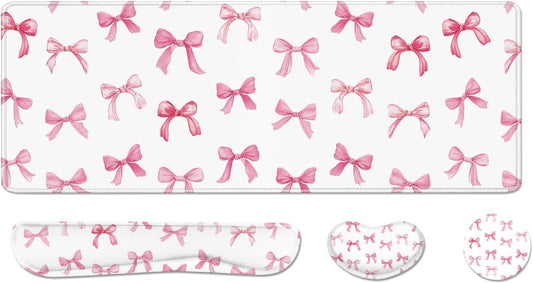 Desk Pad and Keyboard Wrist Rest, Large Mouse Pad + Keyboard Pad+Mouse Wrist Support, Non-Slip Desk Mat Protector for Office, Home 31.5×11.8 Inches Pink Bow