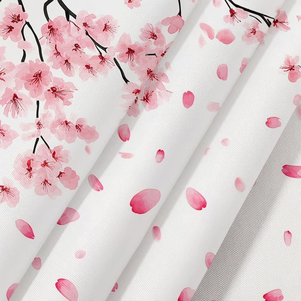 Pink Cherry Blossom Shower Curtain, Floral Blooming Plum Asian Floral Japanese Sakura Shower Curtain for Bathroom Decor, Waterproof Polyester Fabric Bath Curtain with 12 Hooks, 60x70