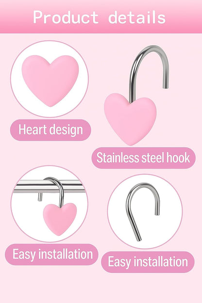 12PCS Decorative Heart Shower Curtain Hooks - Cute Pink Bathroom Accessories, Non-Rust Metal Hooks for Shower Curtain Rings, Easy Install Bathroom Decor for Women, Girls, Kids Room