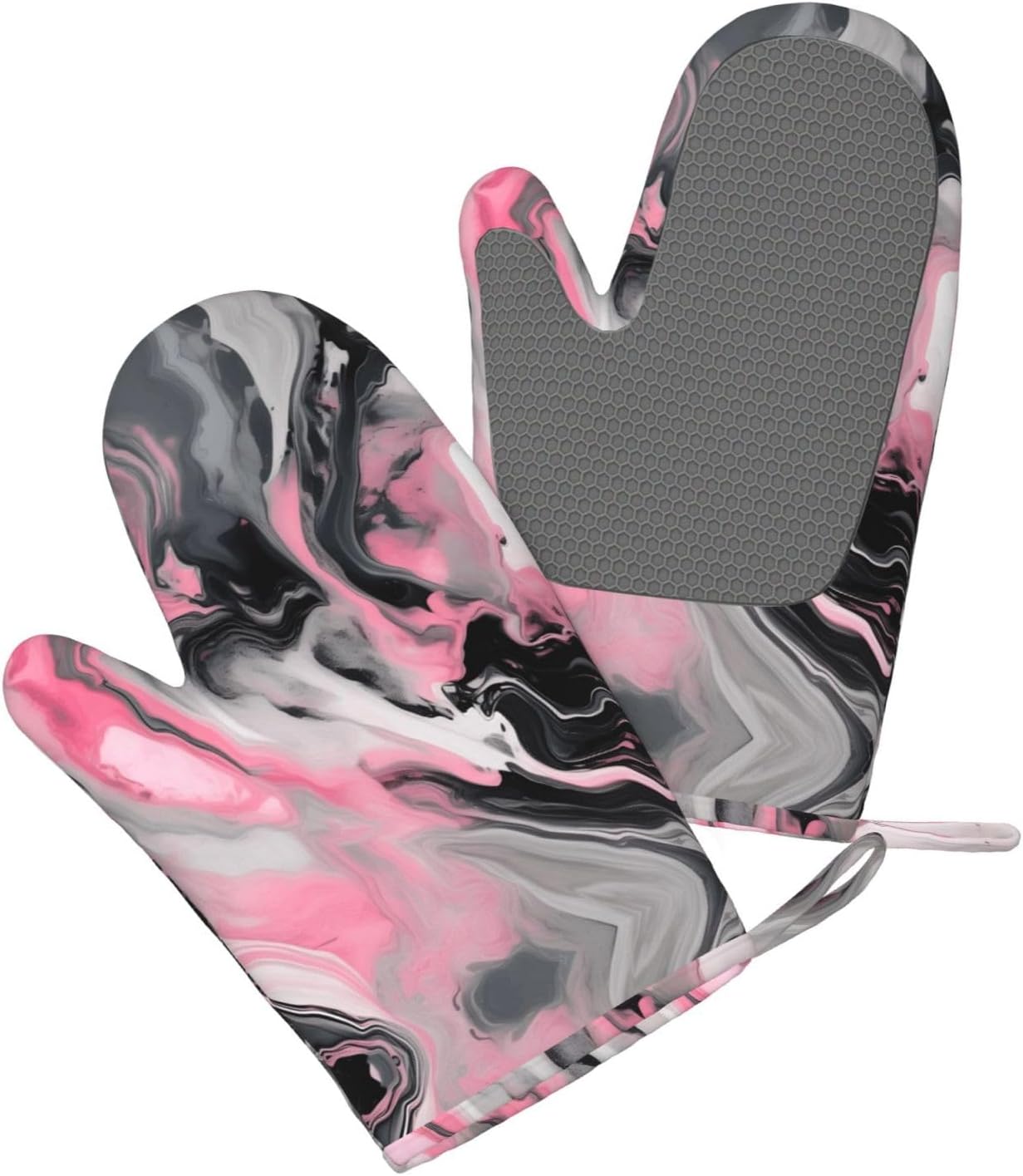 Pink Abstract Ink Marble Gray Artistic Print Oven Mitts and Pot Holders 4-Piece Set Heat Resistant Baking Gloves Silicone Kitchen Gloves