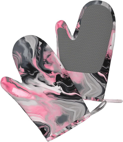 Pink Abstract Ink Marble Gray Artistic Print Oven Mitts and Pot Holders 4-Piece Set Heat Resistant Baking Gloves Silicone Kitchen Gloves