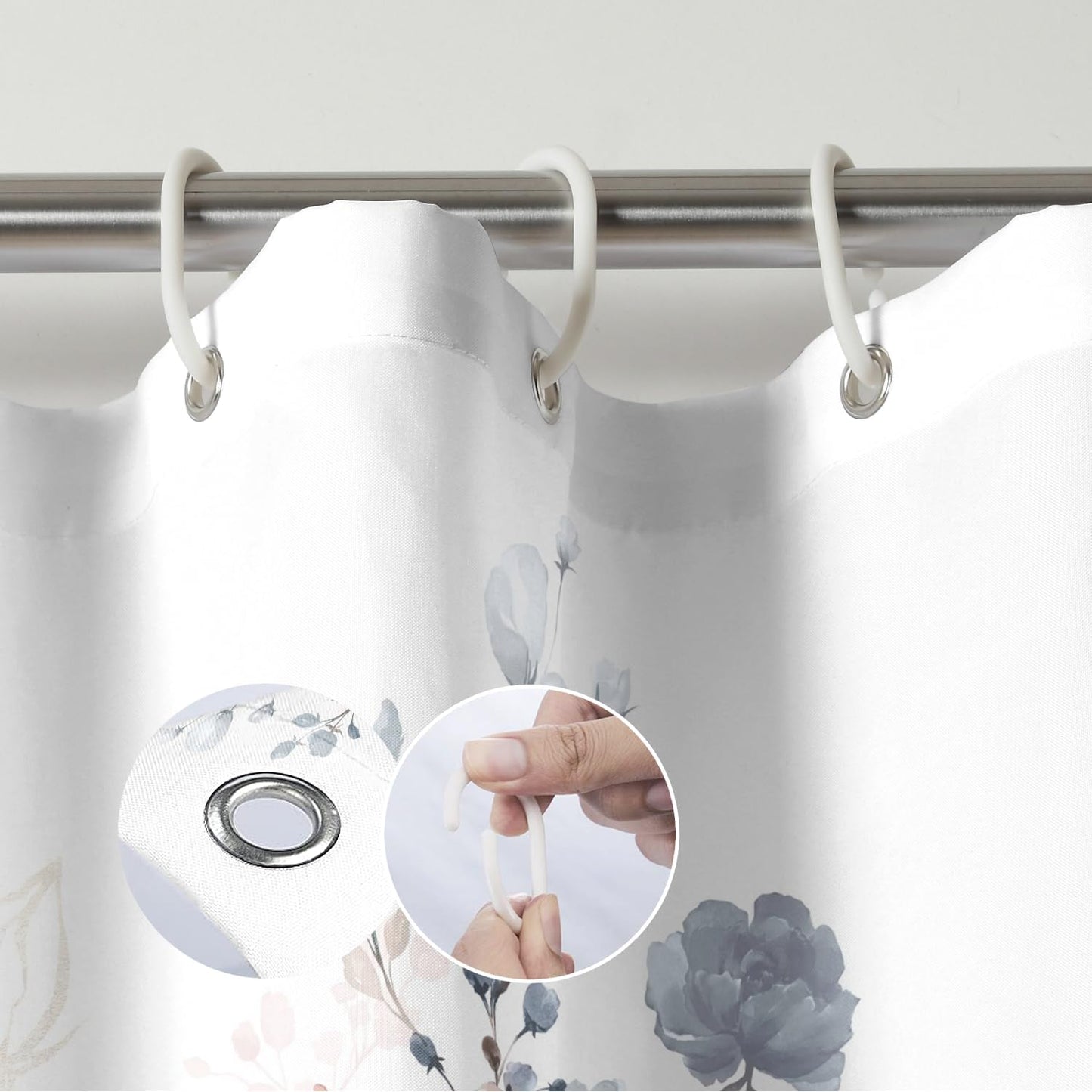 Navy Blue and Pink Floral Shower Curtain, Waterproof Fabric Watercolor Flowers Bathroom Shower Curtain with 12 Hooks, 72 x 72 Inch