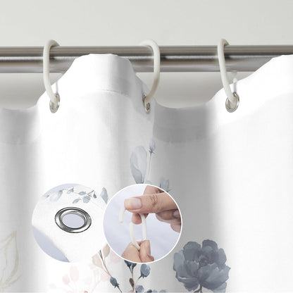 Navy Blue and Pink Floral Shower Curtain, Waterproof Fabric Watercolor Flowers Bathroom Shower Curtain with 12 Hooks, 72 x 72 Inch