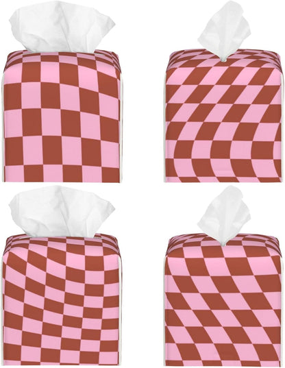 Retro Check Pattern Pink and Brown Checkerboard Square Leather Tissue Box Cover - Bathroom Vanity, Nightstand & Countertop, Elegant Home Office Decor