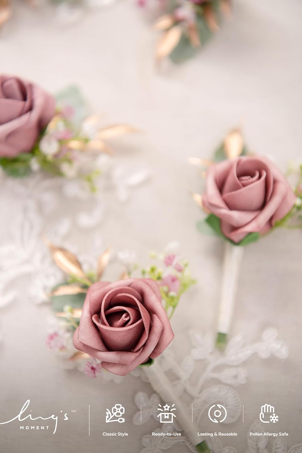 Ling's Moment Boutonniere for Men, 10pcs Groomsmen Guest Boutonniere, Artificial Flowers for Wedding Décor/Prom/Homecoming,etc.Dusty Rose Pink
