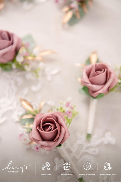 Ling's Moment Boutonniere for Men, 10pcs Groomsmen Guest Boutonniere, Artificial Flowers for Wedding Décor/Prom/Homecoming,etc.Dusty Rose Pink