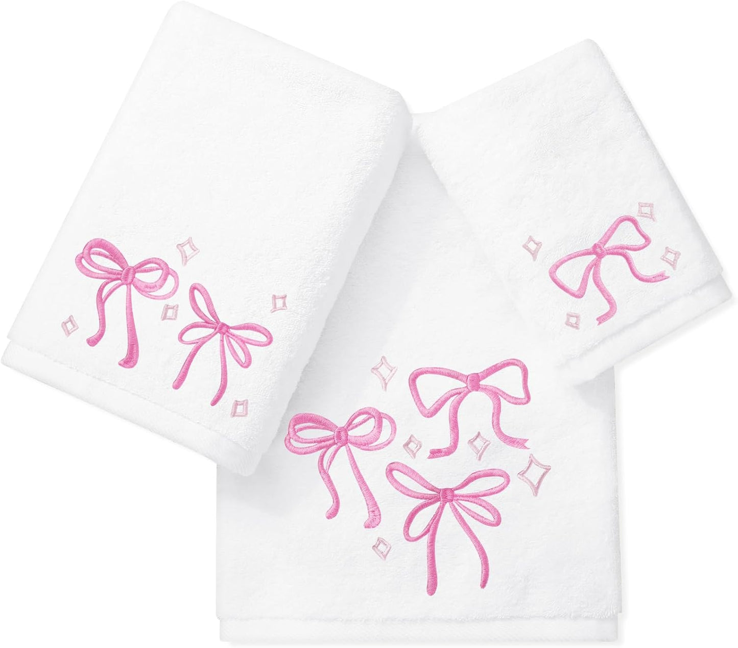 FYSUIMU Pink Bow Towel Set of 3 Cotton Embroidered Bow Knot Bath Towel Hand Towels Wash Cloth for Hand Drying Bathroom Shower Supplies