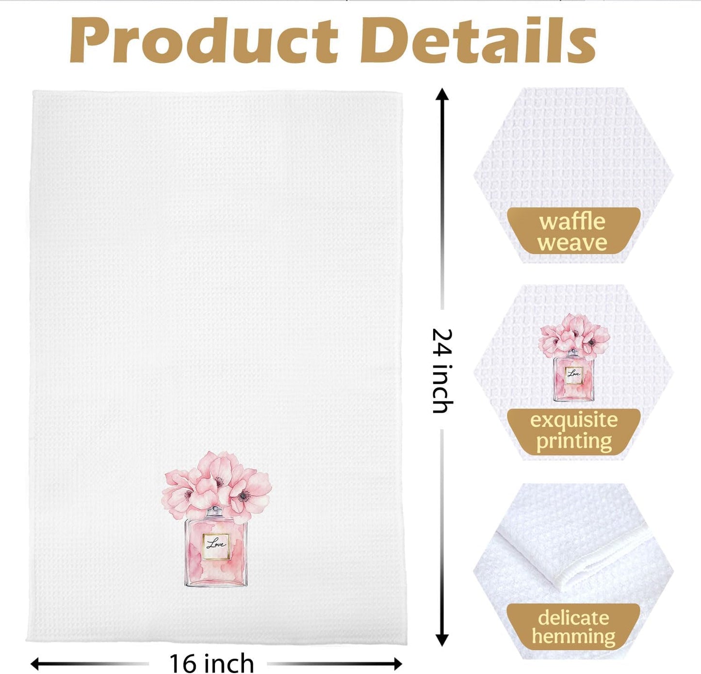 Coquette Girly Bathroom Towels Set - Trendy Preppy Perfume High Heels Decorative Waffle Hand Towels for Girls Dorm Powder Room, Pink and Black Bathroom Decor, 16x24 Inch Set of 2