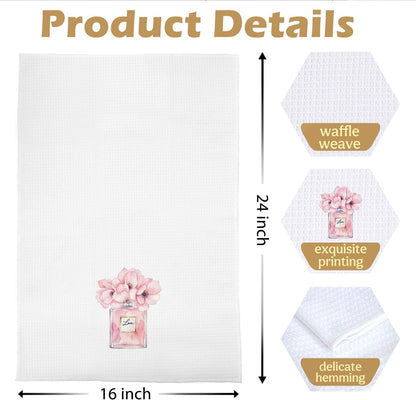 Coquette Girly Bathroom Towels Set - Trendy Preppy Perfume High Heels Decorative Waffle Hand Towels for Girls Dorm Powder Room, Pink and Black Bathroom Decor, 16x24 Inch Set of 2