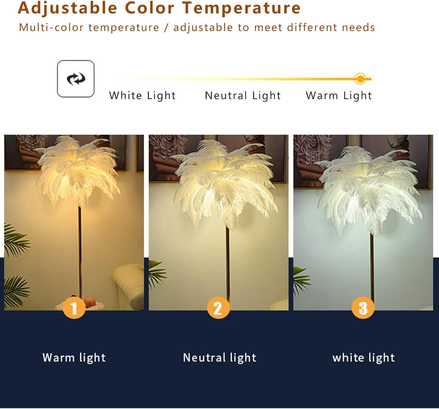 Modern Feather Floor Lamp with 48 Ostrich Feathers, 3-Temperature Dimmable Bulbs - Bedside Reading Light for Girls Bedroom Decor,Bean Paste,Large