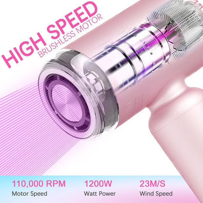 Mini Hair Dryer, High-Speed Blow Dryer with 110,000RPM Brushless Motor, Magnetic Diffuser, Negative Ionic Technology for Fast Drying, Compact & Lightweight for Home & Travel (Pink)