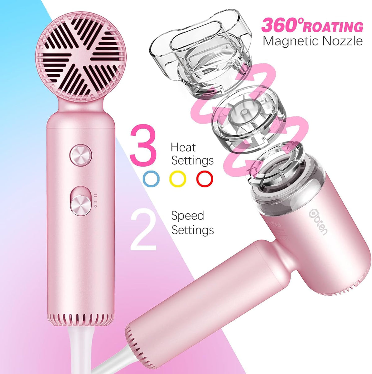 Mini Hair Dryer, High-Speed Blow Dryer with 110,000RPM Brushless Motor, Magnetic Diffuser, Negative Ionic Technology for Fast Drying, Compact & Lightweight for Home & Travel (Pink)