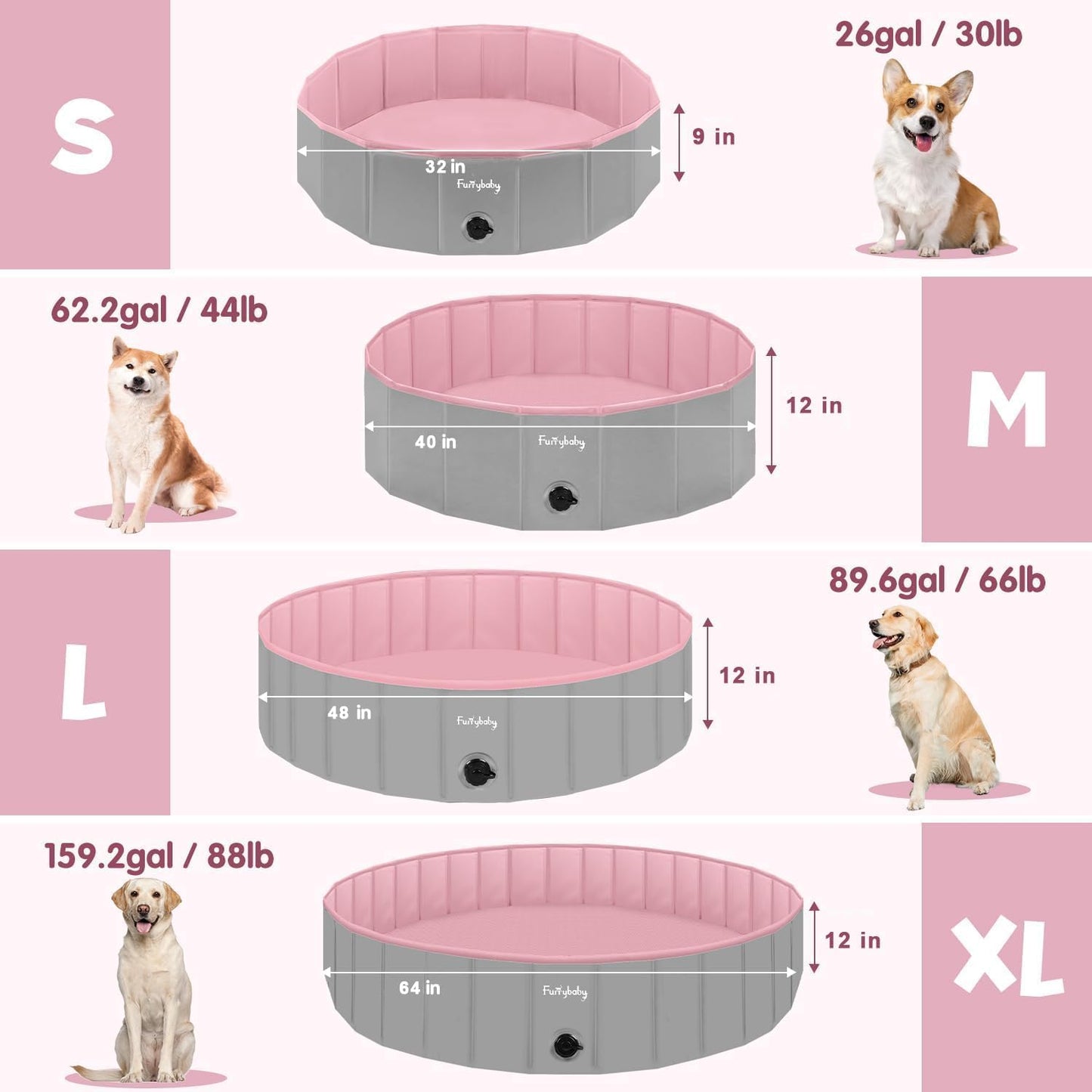 Furrybaby Dog Pool, Foldable Dog Pools for Large Dogs Portable Kiddie Pool Pet Doggie Wading Swimming (Pink 64'') Indoor and Outdoor