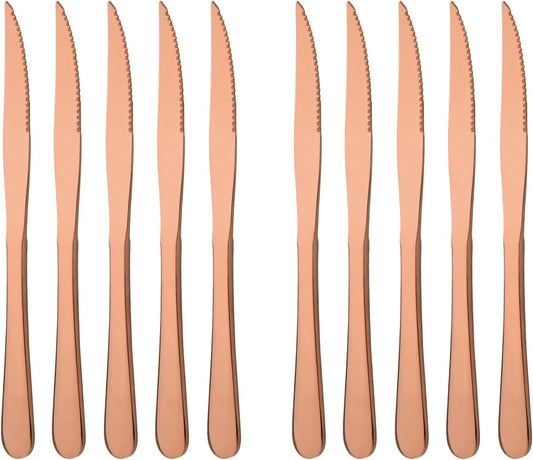 Rose Gold Steak Knives Set of 10, Mirror Polished Stainless Steel Kitchen Cutlery Set, Dinner Knives Set for Steak Dessert, Straight Edge Serrated Knives Set, Dishwasher safe