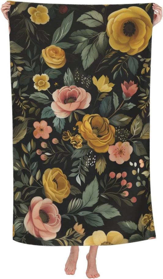 Vintage Floral Beach Towel, 32x52in Microfiber Quick Dry Yellow and Pink Flower Blossom Black Bath Towels, Soft Lightweight Oversized Sand Free, for Travel Pool Swimming Gym Decor, Gifts