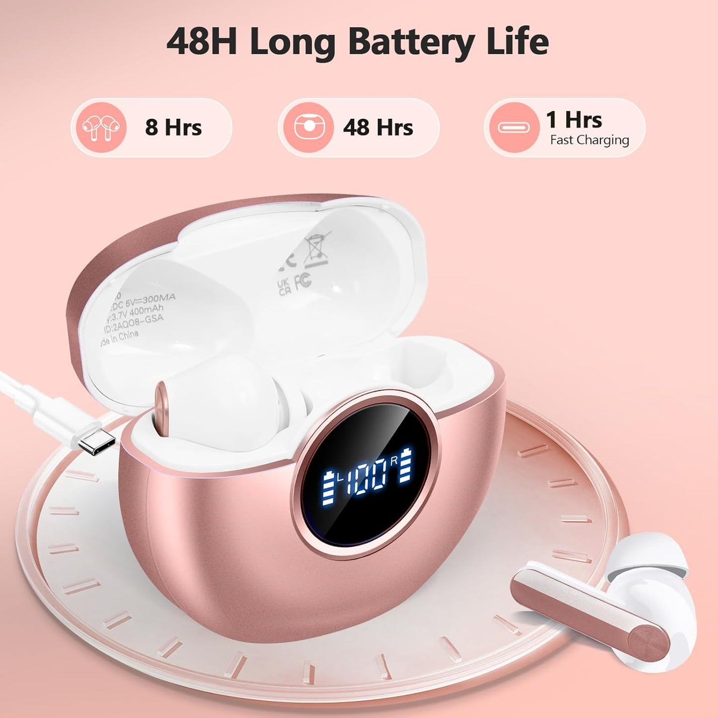 Wireless Earbuds 2025 NEW Bluetooth 5.4 Headphones Bass 3D Stereo,In-Ear Pink Earphones with 4 ENC Noise Cancelling Mic,48H Playtime with LED Display, IPX7 Waterproof for Laptop Android iOS, Rose Gold