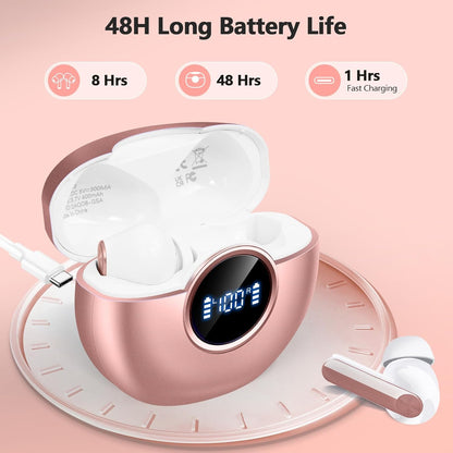 Wireless Earbuds 2025 NEW Bluetooth 5.4 Headphones Bass 3D Stereo,In-Ear Pink Earphones with 4 ENC Noise Cancelling Mic,48H Playtime with LED Display, IPX7 Waterproof for Laptop Android iOS, Rose Gold