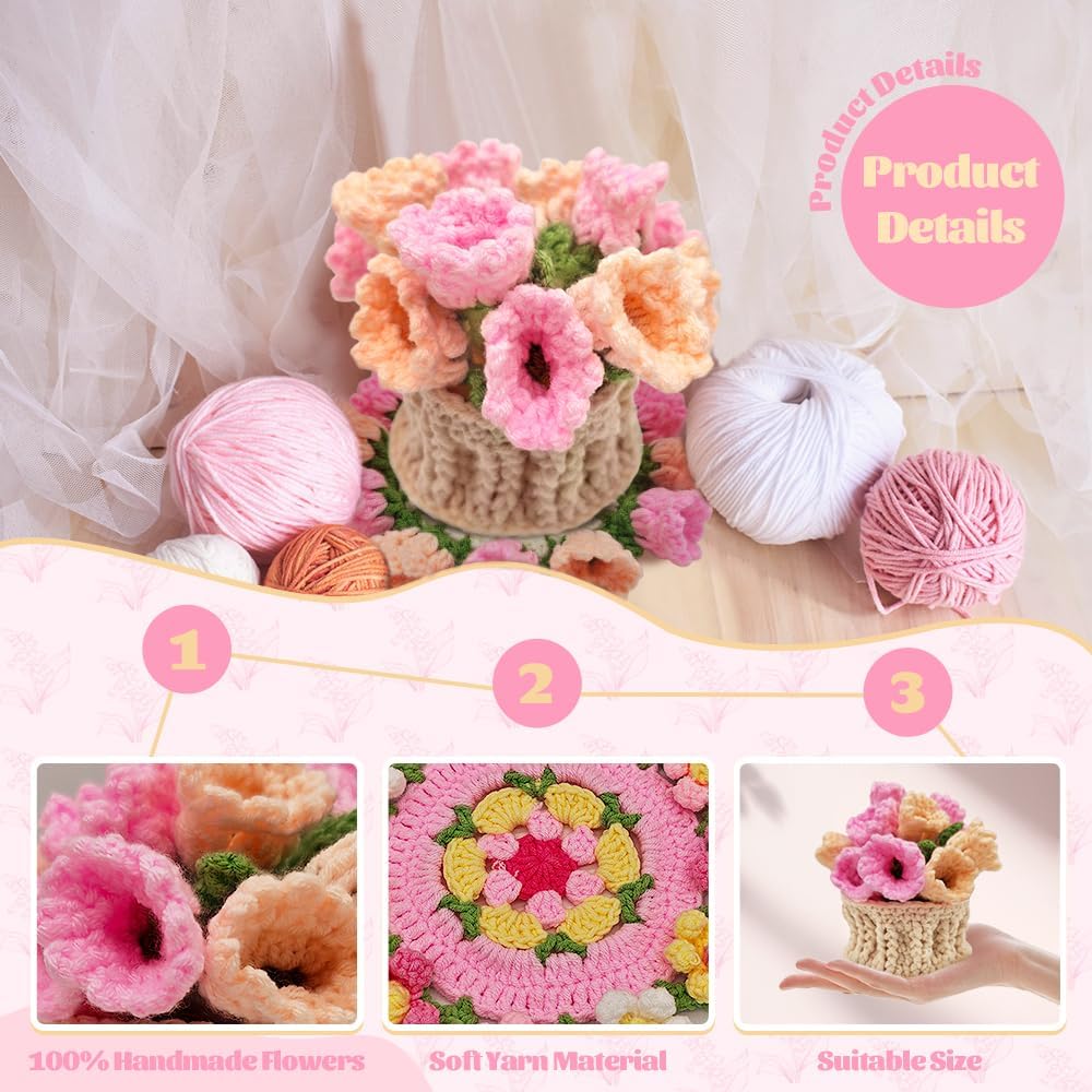 Crochet Coasters with Knitted Flowers: Completed Bar Coaster Flower Pot for Office Coffee Table Home Decor (Pink Lily of The Valley)