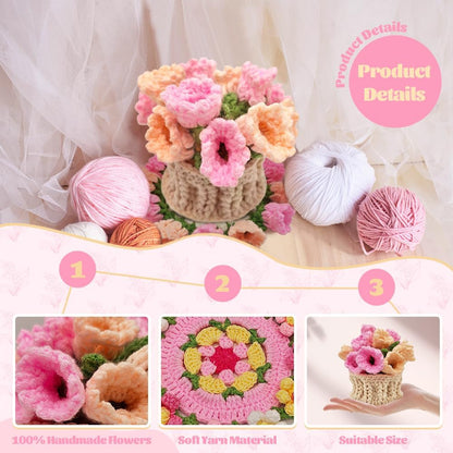 Crochet Coasters with Knitted Flowers: Completed Bar Coaster Flower Pot for Office Coffee Table Home Decor (Pink Lily of The Valley)