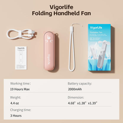 Portable Fan Mini Handheld Fan, Cute Pocket Personal Fan, USB Rechargeable Travel Fan with Power Bank & LED Flashlight, Foldable Small Cooling Fan for Beach, Summer Essentials,Summer Gift for Her