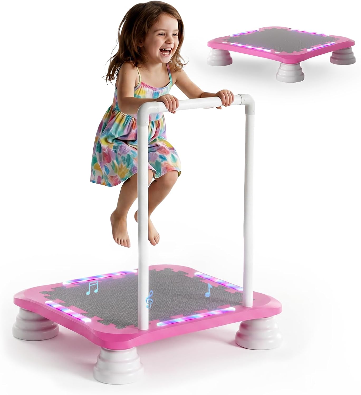 3-in-1 Mini Trampoline for Kids with Music & Lights, Indoor Outdoor Bounce Board, Removable Safety Handle, Sensory Balance Trainer, Non-Slip Base, Ages 3-12, Max 220 lbs