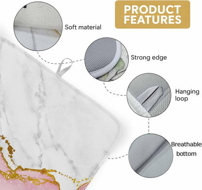Dish Drying Mat for Kitchen Counter, Modern White Pink Marble Texture Absorbent Dish Mats Foldable Microfiber Drainer Pad 1PCS 18"x16", Classic Stone Artwork Plate Holder Mat for Countertop Sink