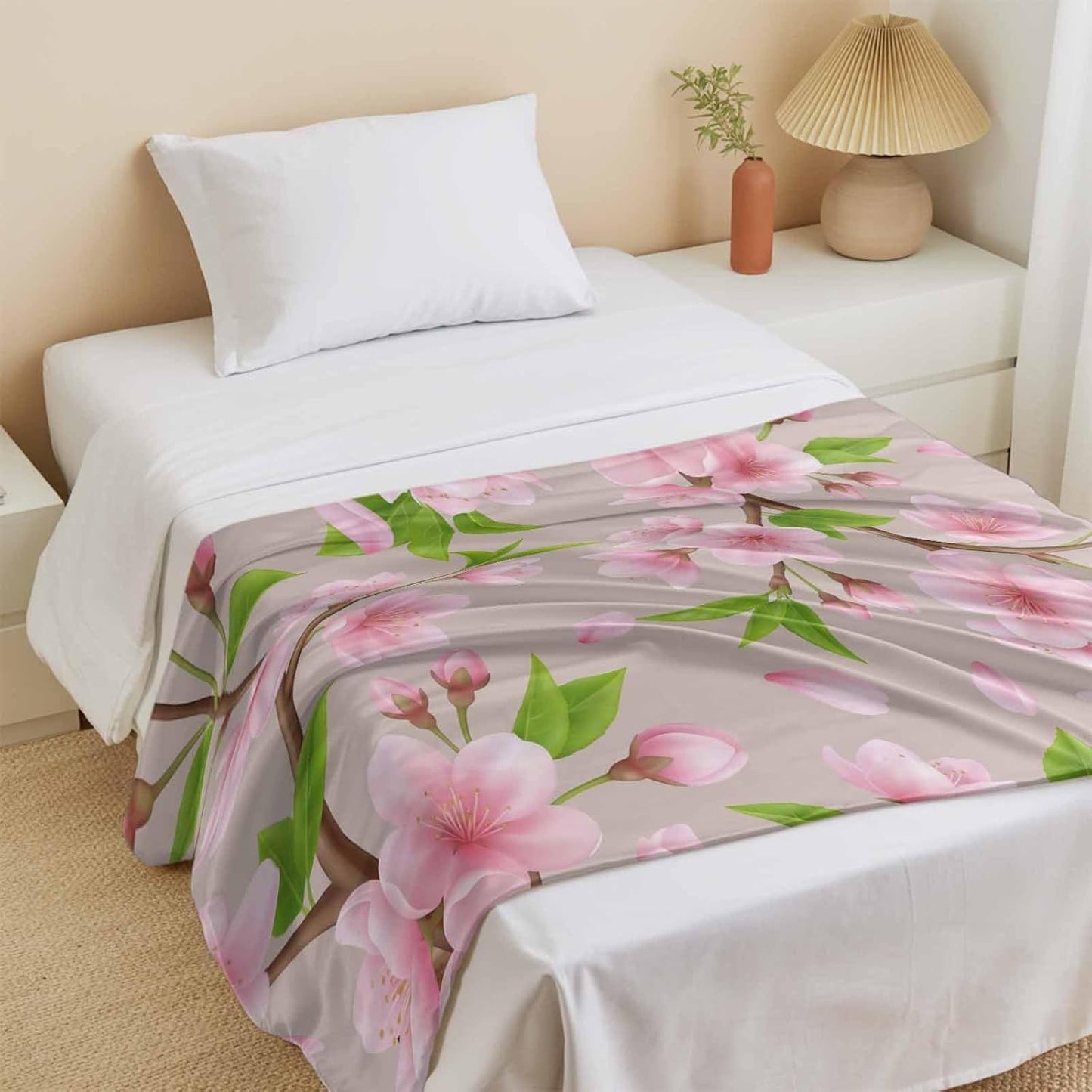 Cooling Blanket for Hot Sleepers, Pink Peach Flowers Lightweight Breathable Summer Blanket, Spring Botanical Watercolor Floral Brown Double-Side Cool Throw Blankets for Sleeping Travel, 30"x40"