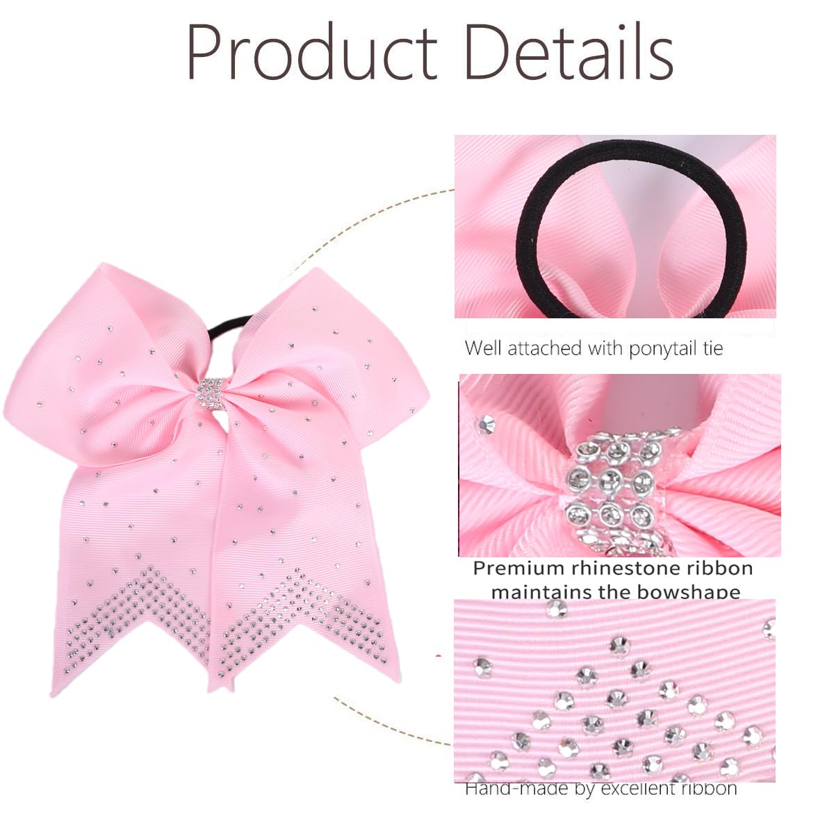 12PCS 8" Rhinestones Large Cheer Hair Bows for Girls, Hand-made Grosgrain Ribbon Hair Accessories for Teen Girls Softball Cheerleader Sport (Light Pink)