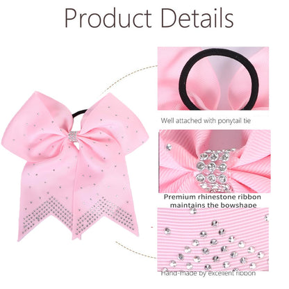 12PCS 8" Rhinestones Large Cheer Hair Bows for Girls, Hand-made Grosgrain Ribbon Hair Accessories for Teen Girls Softball Cheerleader Sport (Light Pink)