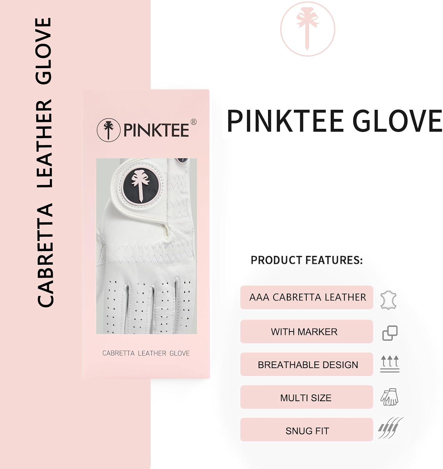 PINKTEE Golf Glove Women Left Hand Premium Cabretta Leather with Pink Marker All Weather Golf Gloves for Ladies Size Small Medium Large