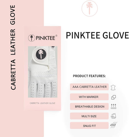 PINKTEE Golf Glove Women Left Hand Premium Cabretta Leather with Pink Marker All Weather Golf Gloves for Ladies Size Small Medium Large