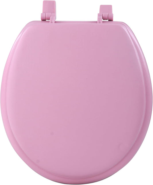 PowerSellerUSA Vinyl Round Soft Toilet Seat, Adjustable Hinges Toilet Seats with Non Slip Grip Tight Bumpers, Standard Heavy Duty Plastic Bathroom Toilet Seat Close Lid Set, Pink