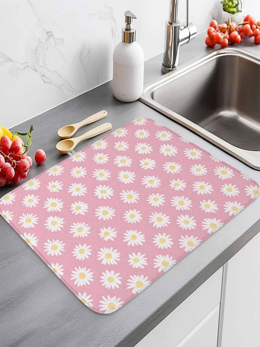 White Daisy Floral Drying Mats for Kitchen Counter, Light Pink Microfiber Absorbent Dish Drainer/Rack Mat,Reversible Hangding Quick Drying kitchen Decor,18x24 Machine Washable
