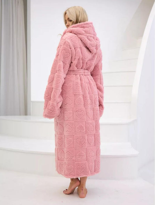 Womens Plush Hooded Robe Heart Long Fleece Bathrobe with Belt and Pockets Loungewear Cozy House Coat