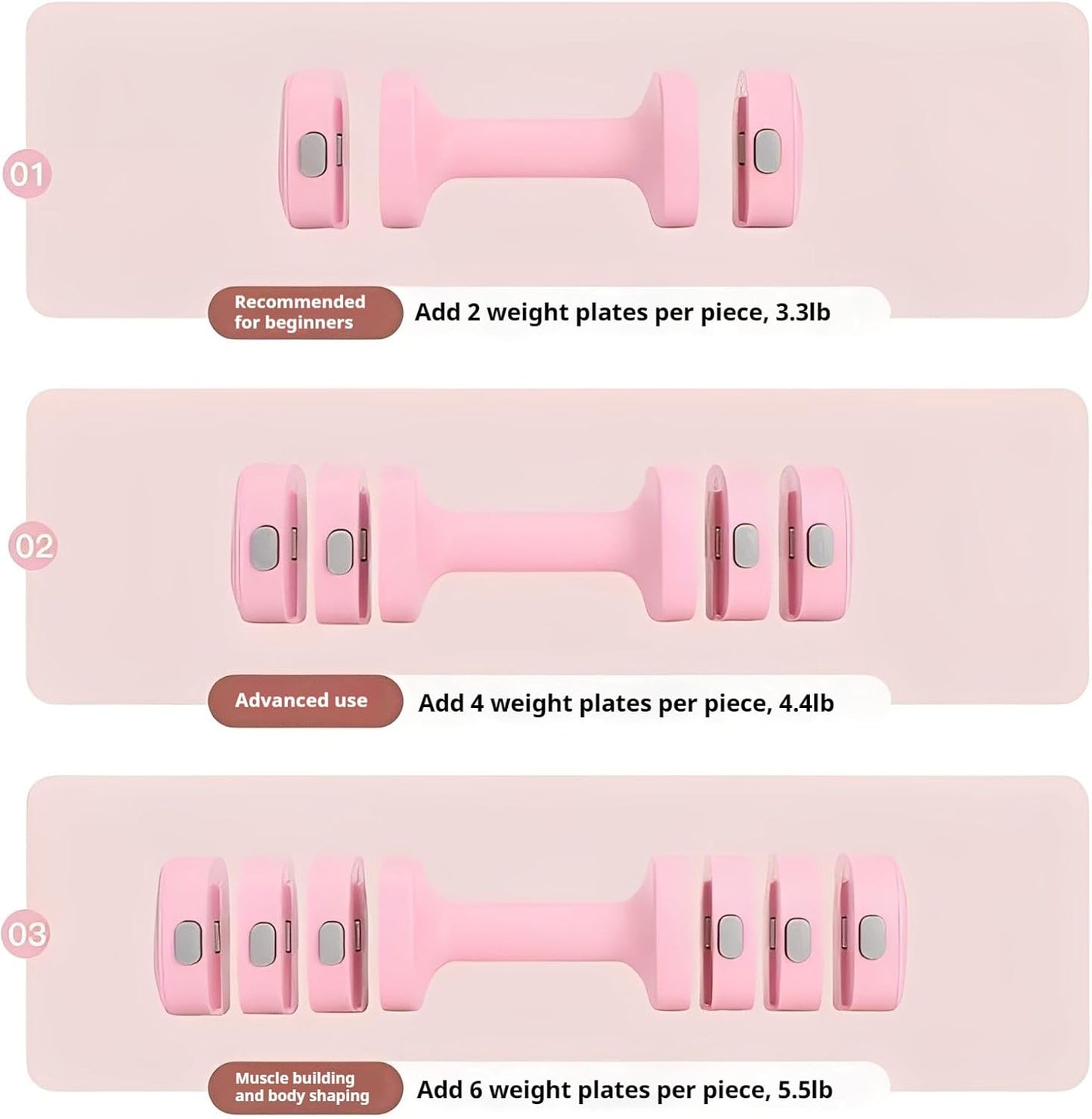 Adjustable Dumbbell Set of 2, 4 in 1 Free Weights for Women with Fast Adjustment, Home Gym & Outdoor Exercise Training, Includes 2.2lb 3.3lb 4.4lb 5.5lb Hand Weights, Compatible with Kettlebells