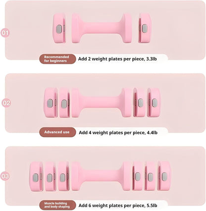Adjustable Dumbbell Set of 2, 4 in 1 Free Weights for Women with Fast Adjustment, Home Gym & Outdoor Exercise Training, Includes 2.2lb 3.3lb 4.4lb 5.5lb Hand Weights, Compatible with Kettlebells