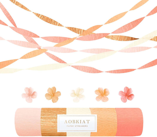 AOBKIAT Streamers Party Decorations,5 Rolls Pastel Pink Gold Orange Crepe Paper Streamers for Little Cutie Baby Shower,Brithday,Wedding,Peach Theme Party,DIY Tassel,1.8 Inch x 82 Ft/Roll