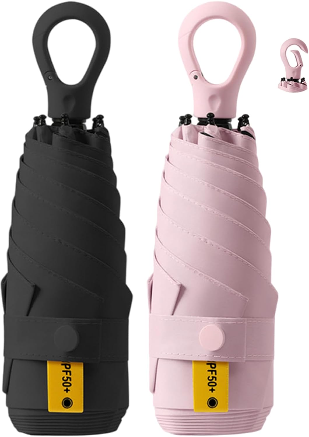 Fuxiqar 2-Pack Travel Compact Mini Umbrella with Hook Ring Handle, Lightweight Folding Sun & Rain Umbrella, UPF 50+ UV Protection