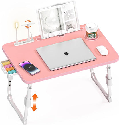 Lap Desk for Bed, Adjustable Laptop Desk with USB Charging Port, Storage Drawer & Bookshelf — Foldable Bed Desk for WFH & Students, 23.6" Desktop Fits 20" Laptop, Non-Slip, Pink