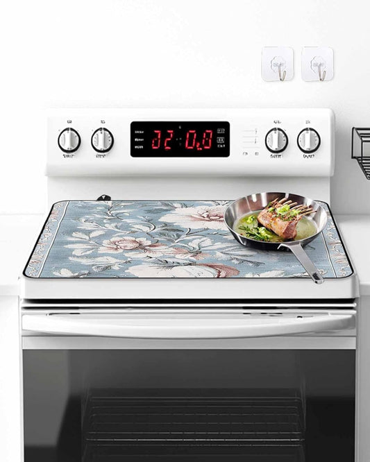 Stove Top Covers for Electric Stove, Light Blue Pink Floral Induction Cooktop Cover Protector, Vintage Botanical Flowers Range Mat for Glass Top Stove, Dish Drying Mat Kitchen Countertop, 31"x24"